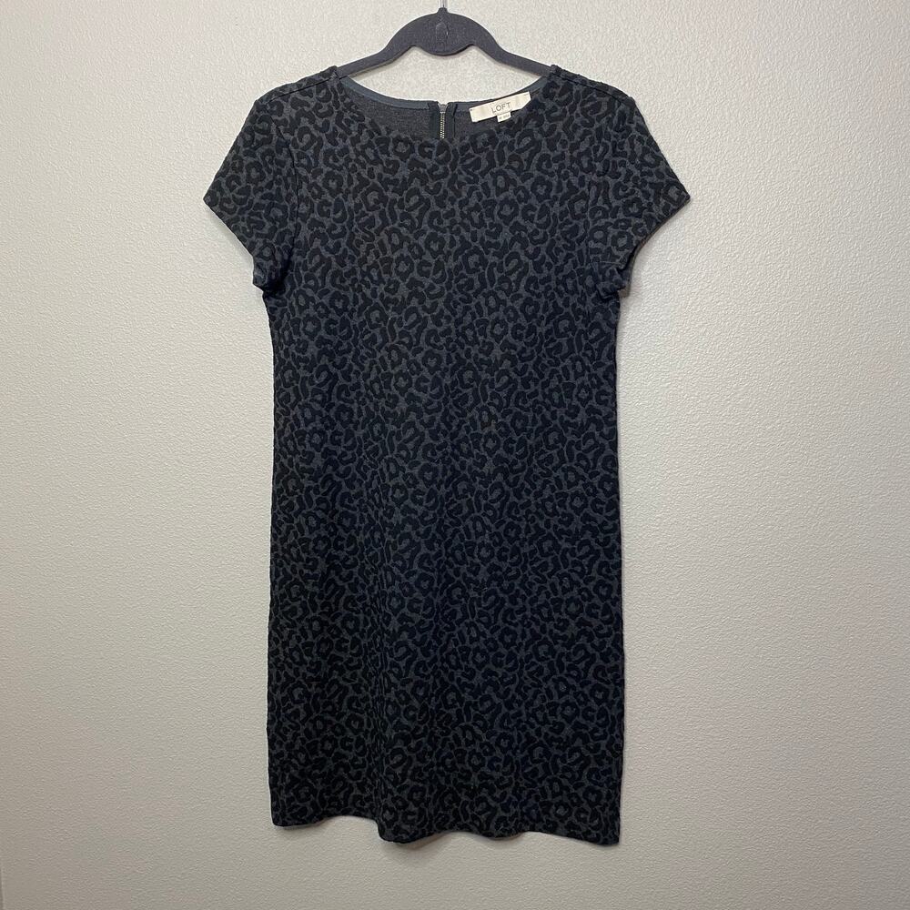 LOFT Shift Dress Women XS Grey Leopard Print Short Sleeve Knit Back Zip